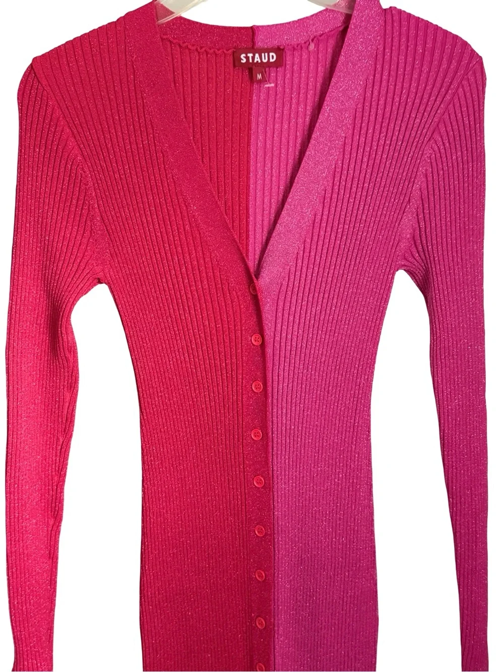NWOT STAUD Colorblock Rib-Knit Button-Down Metalic  Dress - Pink & Red - Picture 4 of 10